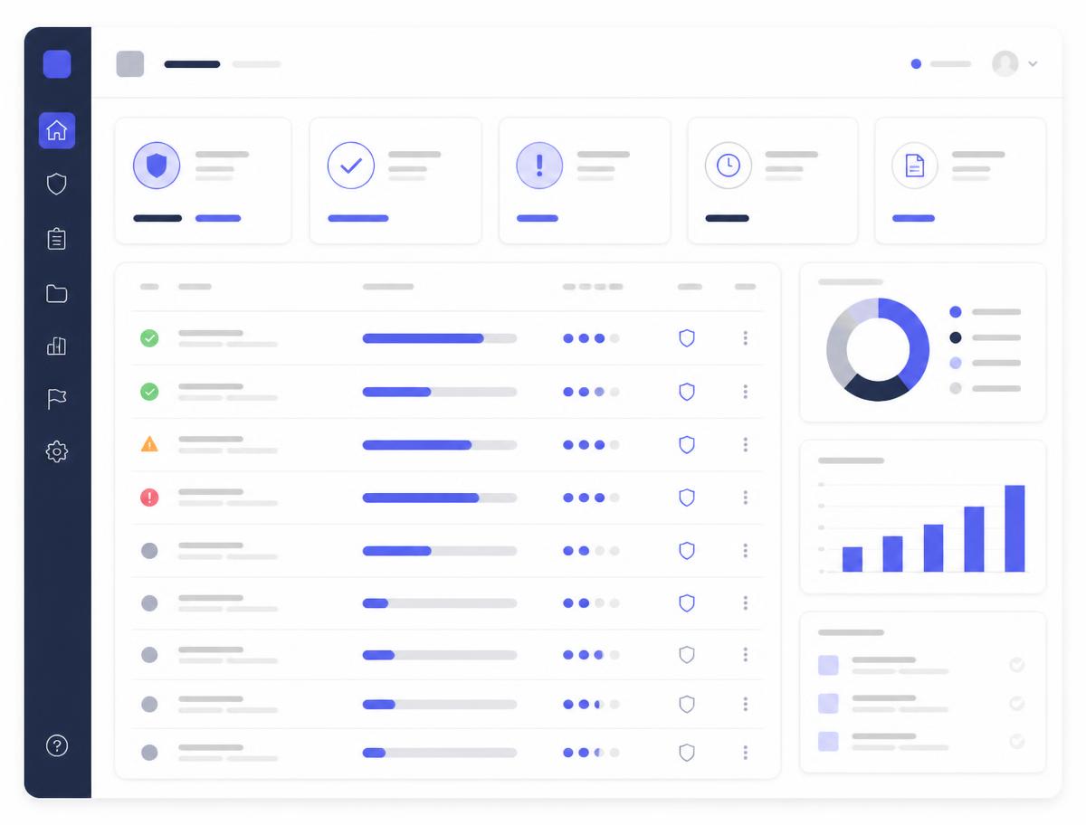 Abstract illustration of a compliance control center interface with status rows and progress indicators