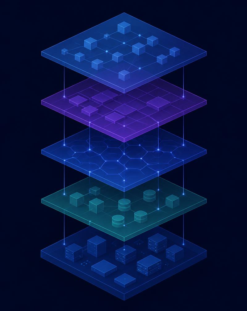 Abstract diagram of stacked infrastructure layers connected vertically